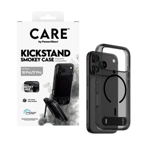 PanzerGlass CARE™ by ® Kickstand Case Smokey w. Black MagSafe iPhone 18 Pro | 17 Pro mobiele telefoon behuizingen Hoes Zwart