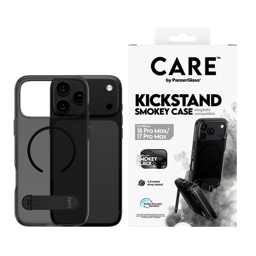 PanzerGlass CARE™ by ® Kickstand Case Smokey w. Black MagSafe iPhone 18 Pro Max | 17 Pro Max mobiele telefoon behuizingen Hoes Zwart