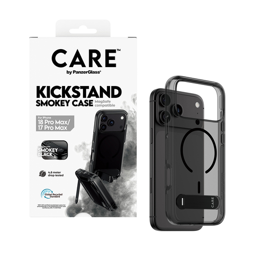 PanzerGlass CARE™ by ® Kickstand Case Smokey w. Black MagSafe iPhone 18 Pro Max | 17 Pro Max mobiele telefoon behuizingen Hoes Zwart