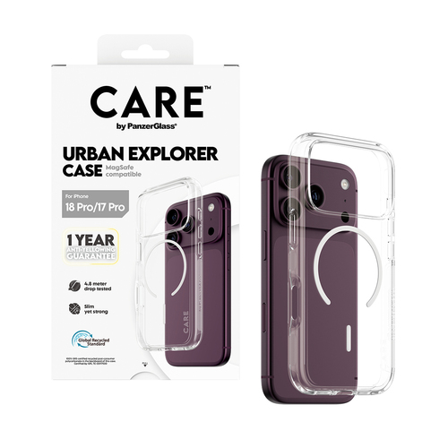 PanzerGlass CARE™ by ® Urban Explorer Case Transparent w. White MagSafe iPhone 18 Pro | 17 Pro mobiele telefoon behuizingen Hoes Transparant
