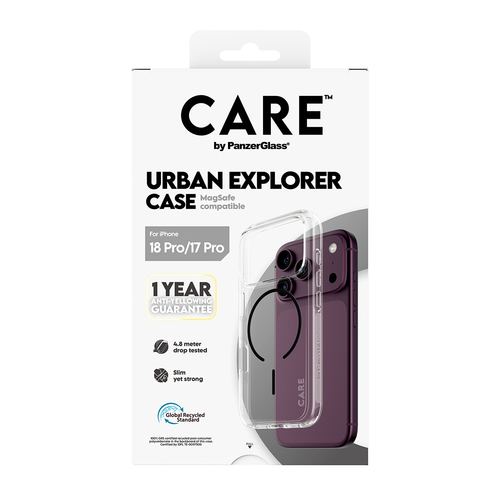 PanzerGlass CARE™ by ® Urban Explorer Case Transparent w. Black MagSafe iPhone 18 Pro | 17 Pro mobiele telefoon behuizingen Hoes Transparant