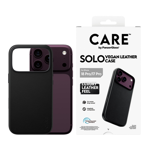 PanzerGlass CARE™ by ® Solo Vegan Leather Case Black w. MagSafe iPhone 18 Pro | 17 Pro mobiele telefoon behuizingen Hoes Zwart
