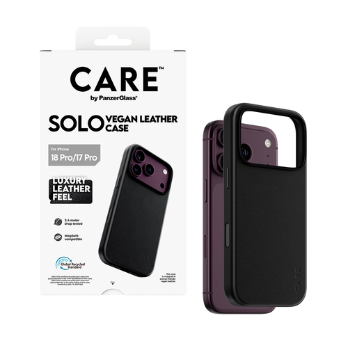 PanzerGlass CARE™ by ® Solo Vegan Leather Case Black w. MagSafe iPhone 18 Pro | 17 Pro mobiele telefoon behuizingen Hoes Zwart