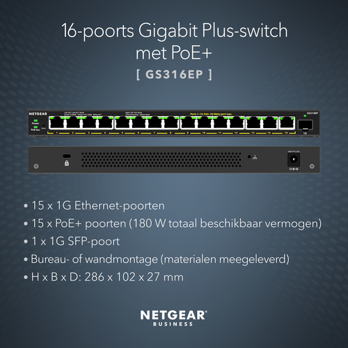 NETGEAR GS316EP-100PES netwerk-switch Managed Gigabit Ethernet (10/100/1000) Power over Ethernet (PoE) Zwart