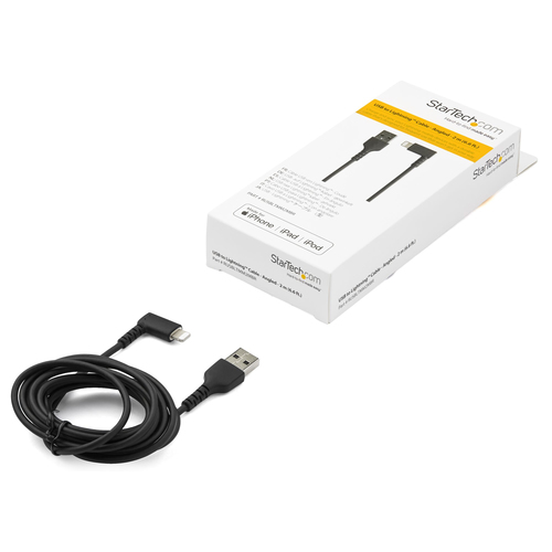 StarTech.com Premium USB-A naar Lightning Kabel 2m Zwart - Robuuste 90° haakse USB Type A naar Lightning Charge & Sync Oplaadkabel met Aramide Vezels - Apple MFi Gecertificeerd - iPhone