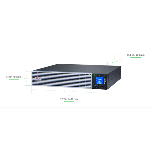 APC Easy UPS On-Line, 3 kVA, lithium-ion, rack/toren 2U, 230 V, 6 IEC C13- en 1 IEC C19-uitgangen, sleuf voor communicatiekaart, inclusief railset