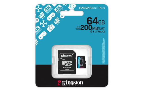 Kingston Technology 64GB microSDXC Canvas Go! Plus Gen4 200MB/s A2 U3 V30 kaart + adapter