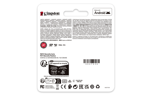 Kingston Technology 64GB microSDXC Canvas Go! Plus Gen4 200MB/s A2 U3 V30 kaart + adapter