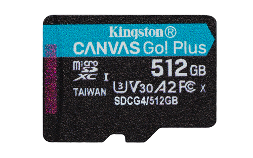 Kingston Technology 512GB microSDXC Canvas Go! Plus Gen4 200MB/s A2 U3 V30 kaart + adapter