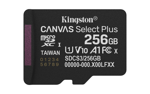 Kingston Technology 256GB microSDXC Canvas Select Plus Gen3 150MB/s A1 kaart + adapter