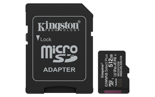 Kingston Technology 512GB microSDXC Canvas Select Plus Gen3 150MB/s A1 kaart + adapter