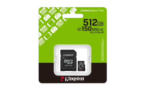 Kingston Technology 512GB microSDXC Canvas Select Plus Gen3 150MB/s A1 kaart + adapter