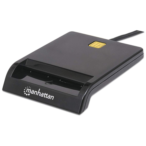 Manhattan USB-A smartcardlezer met contact, 12 Mbps, frictie-insteekslot, extern, compatibel met Windows of Mac, kabel van 105 cm, zwart, 3 jaar garantie