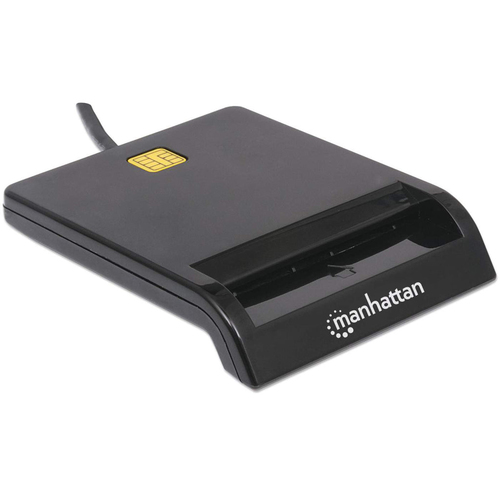 Manhattan USB-A smartcardlezer met contact, 12 Mbps, frictie-insteekslot, extern, compatibel met Windows of Mac, kabel van 105 cm, zwart, 3 jaar garantie