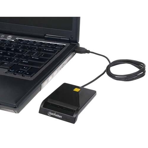 Manhattan USB-A smartcardlezer met contact, 12 Mbps, frictie-insteekslot, extern, compatibel met Windows of Mac, kabel van 105 cm, zwart, 3 jaar garantie