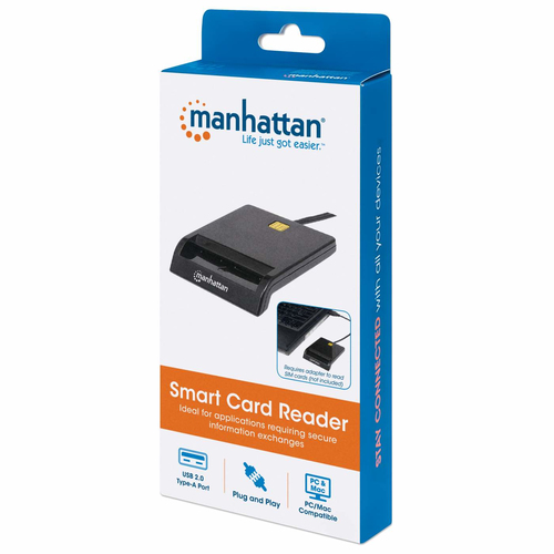 Manhattan USB-A smartcardlezer met contact, 12 Mbps, frictie-insteekslot, extern, compatibel met Windows of Mac, kabel van 105 cm, zwart, 3 jaar garantie