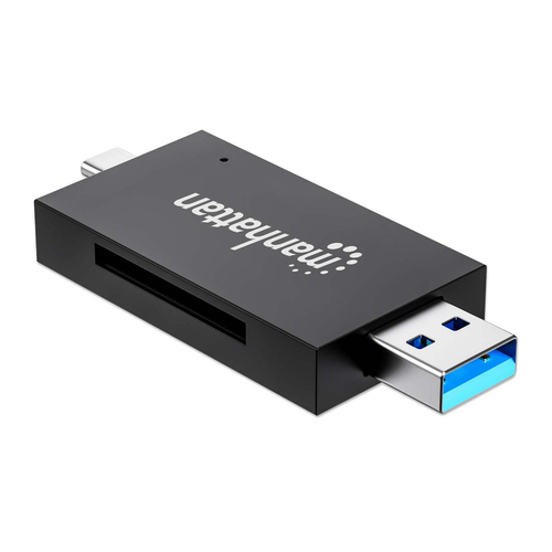 Manhattan USB-A/USB-C multiformaat kaartlezer/-schrijver, 5 Gbps (USB 3.0), male connector naar microSD- en SD/MMC-slots, mini-formaat, compatibel met Windows of Mac, zwart/transparant, 3 jaar garantie