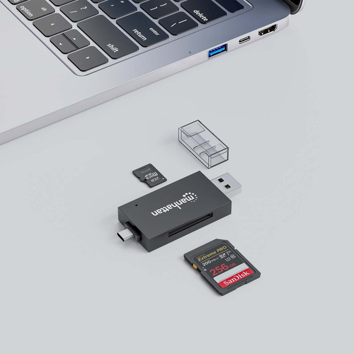 Manhattan USB-A/USB-C multiformaat kaartlezer/-schrijver, 5 Gbps (USB 3.0), male connector naar microSD- en SD/MMC-slots, mini-formaat, compatibel met Windows of Mac, zwart/transparant, 3 jaar garantie