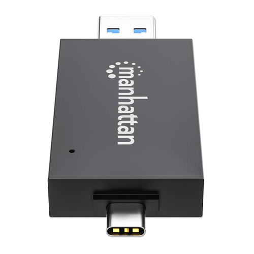 Manhattan USB-A/USB-C multiformaat kaartlezer/-schrijver, 5 Gbps (USB 3.0), male connector naar microSD- en SD/MMC-slots, mini-formaat, compatibel met Windows of Mac, zwart/transparant, 3 jaar garantie