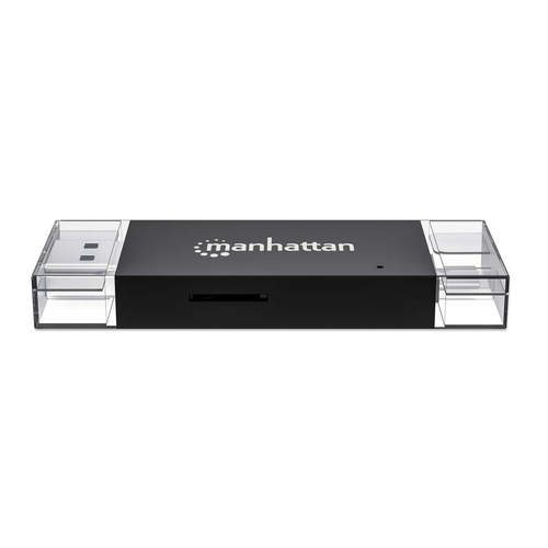 Manhattan USB-A/USB-C multiformaat kaartlezer/-schrijver, 5 Gbps (USB 3.0), male connector naar microSD- en SD/MMC-slots, mini-formaat, compatibel met Windows of Mac, zwart/transparant, 3 jaar garantie