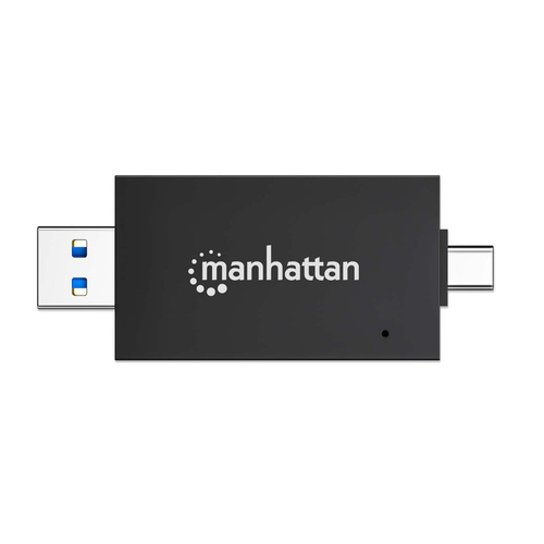 Manhattan USB-A/USB-C multiformaat kaartlezer/-schrijver, 5 Gbps (USB 3.0), male connector naar microSD- en SD/MMC-slots, mini-formaat, compatibel met Windows of Mac, zwart/transparant, 3 jaar garantie