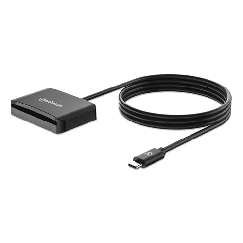 Manhattan USB-C smartcardlezer met contact, met microSD-slot, USB-C male connector, compatibel met Windows, macOS en Linux, leest SIM-kaarten met adapter, kabel van 1 m, zwart, 3 jaar garantie