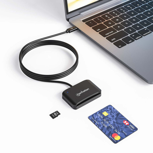Manhattan USB-C smartcardlezer met contact, met microSD-slot, USB-C male connector, compatibel met Windows, macOS en Linux, leest SIM-kaarten met adapter, kabel van 1 m, zwart, 3 jaar garantie