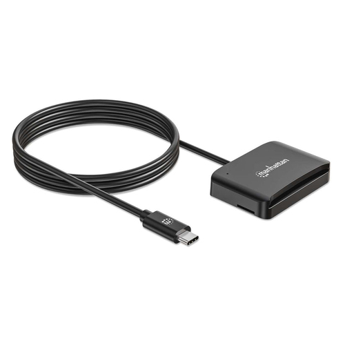 Manhattan USB-C smartcardlezer met contact, met microSD-slot, USB-C male connector, compatibel met Windows, macOS en Linux, leest SIM-kaarten met adapter, kabel van 1 m, zwart, 3 jaar garantie