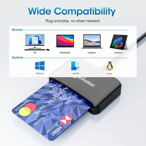 Manhattan USB-C smartcardlezer met contact, met microSD-slot, USB-C male connector, compatibel met Windows, macOS en Linux, leest SIM-kaarten met adapter, kabel van 1 m, zwart, 3 jaar garantie