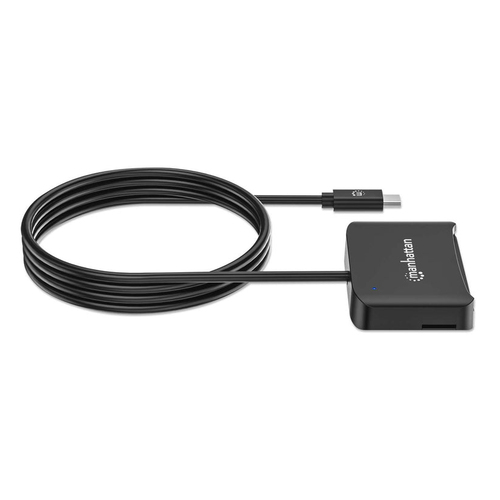 Manhattan USB-C smartcardlezer met contact, met microSD-slot, USB-C male connector, compatibel met Windows, macOS en Linux, leest SIM-kaarten met adapter, kabel van 1 m, zwart, 3 jaar garantie
