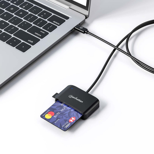 Manhattan USB-C smartcardlezer met contact, met microSD-slot, USB-C male connector, compatibel met Windows, macOS en Linux, leest SIM-kaarten met adapter, kabel van 1 m, zwart, 3 jaar garantie