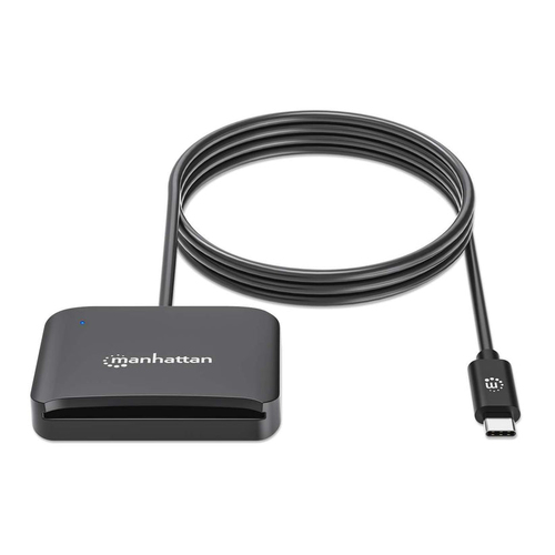 Manhattan USB-C smartcardlezer met contact, met microSD-slot, USB-C male connector, compatibel met Windows, macOS en Linux, leest SIM-kaarten met adapter, kabel van 1 m, zwart, 3 jaar garantie
