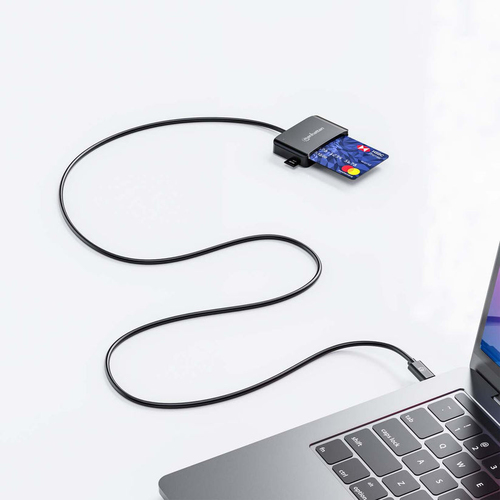 Manhattan USB-C smartcardlezer met contact, met microSD-slot, USB-C male connector, compatibel met Windows, macOS en Linux, leest SIM-kaarten met adapter, kabel van 1 m, zwart, 3 jaar garantie