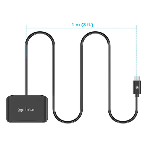 Manhattan USB-C smartcardlezer met contact, met microSD-slot, USB-C male connector, compatibel met Windows, macOS en Linux, leest SIM-kaarten met adapter, kabel van 1 m, zwart, 3 jaar garantie