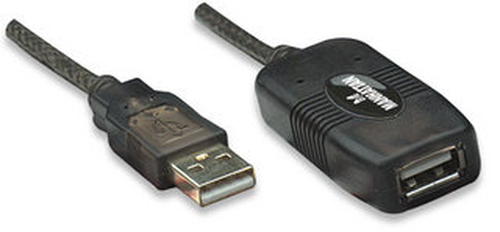 Manhattan USB-A naar USB-A verlengkabel, 10 m, mannelijk naar vrouwelijk, actief, 480 Mbps (USB 2.0), door te koppelen, ingebouwde repeater, zwart, 3 jaar garantie, equivalent aan USB2AAEXT10M