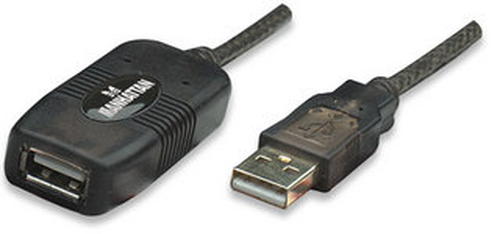 Manhattan USB-A naar USB-A verlengkabel, 10 m, mannelijk naar vrouwelijk, actief, 480 Mbps (USB 2.0), door te koppelen, ingebouwde repeater, zwart, 3 jaar garantie, equivalent aan USB2AAEXT10M