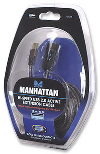 Manhattan USB-A naar USB-A verlengkabel, 10 m, mannelijk naar vrouwelijk, actief, 480 Mbps (USB 2.0), door te koppelen, ingebouwde repeater, zwart, 3 jaar garantie, equivalent aan USB2AAEXT10M
