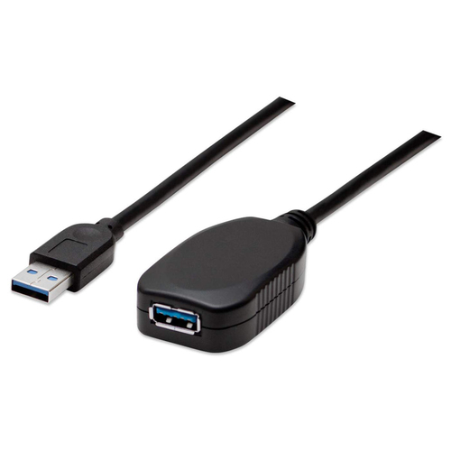 Manhattan USB-A naar USB-A verlengkabel, 5 m, mannelijk naar vrouwelijk, actief, 5 Gbps (USB 3.2 Gen1 / USB 3.0), ingebouwde repeater, zwart, 3 jaar garantie, equivalent aan USB2AAEXT5M