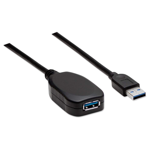 Manhattan USB-A naar USB-A verlengkabel, 5 m, mannelijk naar vrouwelijk, actief, 5 Gbps (USB 3.2 Gen1 / USB 3.0), ingebouwde repeater, zwart, 3 jaar garantie, equivalent aan USB2AAEXT5M
