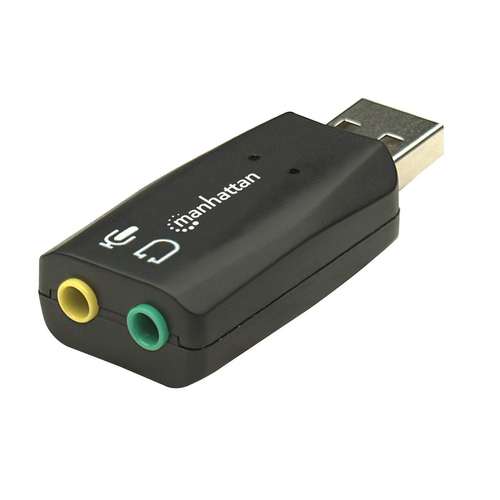 Manhattan USB-A geluidsadapter, USB-A naar 3,5 mm microfoon-in en audio-out, 480 Mbps (USB 2.0), ondersteunt 3D en virtueel 5.1 surround, zwart, 3 jaar garantie