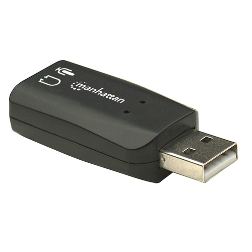 Manhattan USB-A geluidsadapter, USB-A naar 3,5 mm microfoon-in en audio-out, 480 Mbps (USB 2.0), ondersteunt 3D en virtueel 5.1 surround, zwart, 3 jaar garantie