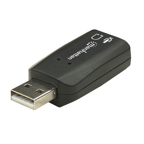 Manhattan USB-A geluidsadapter, USB-A naar 3,5 mm microfoon-in en audio-out, 480 Mbps (USB 2.0), ondersteunt 3D en virtueel 5.1 surround, zwart, 3 jaar garantie