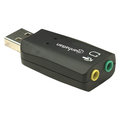 Manhattan USB-A geluidsadapter, USB-A naar 3,5 mm microfoon-in en audio-out, 480 Mbps (USB 2.0), ondersteunt 3D en virtueel 5.1 surround, zwart, 3 jaar garantie