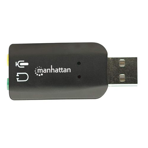 Manhattan USB-A geluidsadapter, USB-A naar 3,5 mm microfoon-in en audio-out, 480 Mbps (USB 2.0), ondersteunt 3D en virtueel 5.1 surround, zwart, 3 jaar garantie