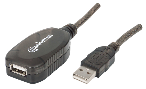 Manhattan USB-A naar USB-A verlengkabel, 20 m, mannelijk naar vrouwelijk, actief, 480 Mbps (USB 2.0), door te koppelen, ingebouwde repeater, zwart, 3 jaar garantie, equivalent aan USB2AAEXT20M