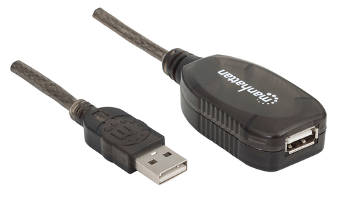 Manhattan USB-A naar USB-A verlengkabel, 20 m, mannelijk naar vrouwelijk, actief, 480 Mbps (USB 2.0), door te koppelen, ingebouwde repeater, zwart, 3 jaar garantie, equivalent aan USB2AAEXT20M