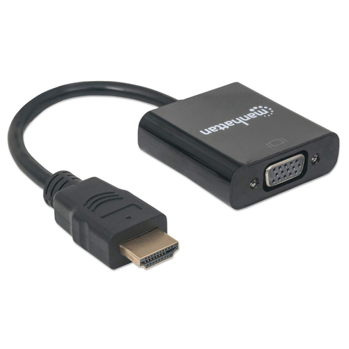 Manhattan HDMI-naar-VGA converterkabel, 1080p, 30 cm, mannelijk naar vrouwelijk, Micro-USB voedingsingang voor extra voeding indien nodig, zwart, 3 jaar garantie, equivalent aan HD2VGAE2