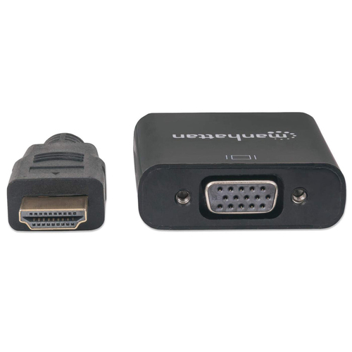 Manhattan HDMI-naar-VGA converterkabel, 1080p, 30 cm, mannelijk naar vrouwelijk, Micro-USB voedingsingang voor extra voeding indien nodig, zwart, 3 jaar garantie, equivalent aan HD2VGAE2