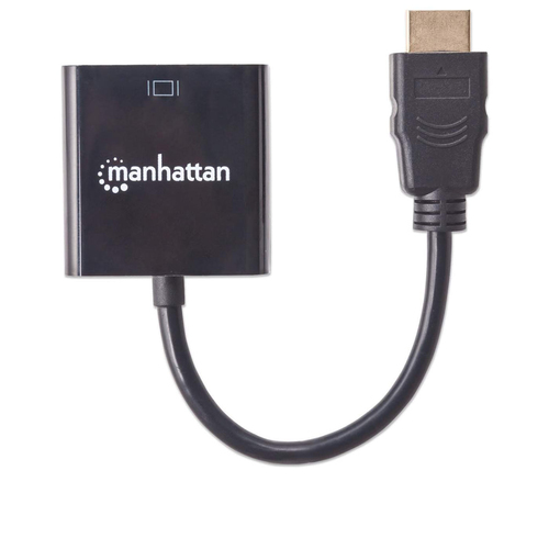Manhattan HDMI-naar-VGA converterkabel, 1080p, 30 cm, mannelijk naar vrouwelijk, Micro-USB voedingsingang voor extra voeding indien nodig, zwart, 3 jaar garantie, equivalent aan HD2VGAE2