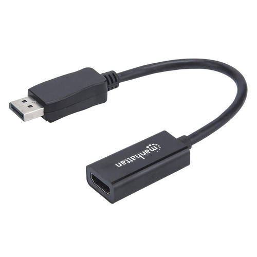 Manhattan DisplayPort 1.1 naar HDMI adapterkabel, 1080p@60Hz, 15 cm, mannelijk naar vrouwelijk, actieve signaalomzetting, met vergrendeling, niet bi-directioneel, zwart, 3 jaar garantie, equivalent aan DP2HDMI